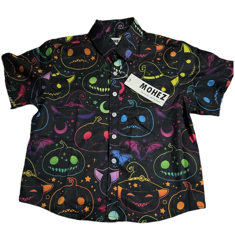 Boys Mohez Neon Halloween Pumpkin Button‎ Down Short Sleeved Shirt, 7-8y
